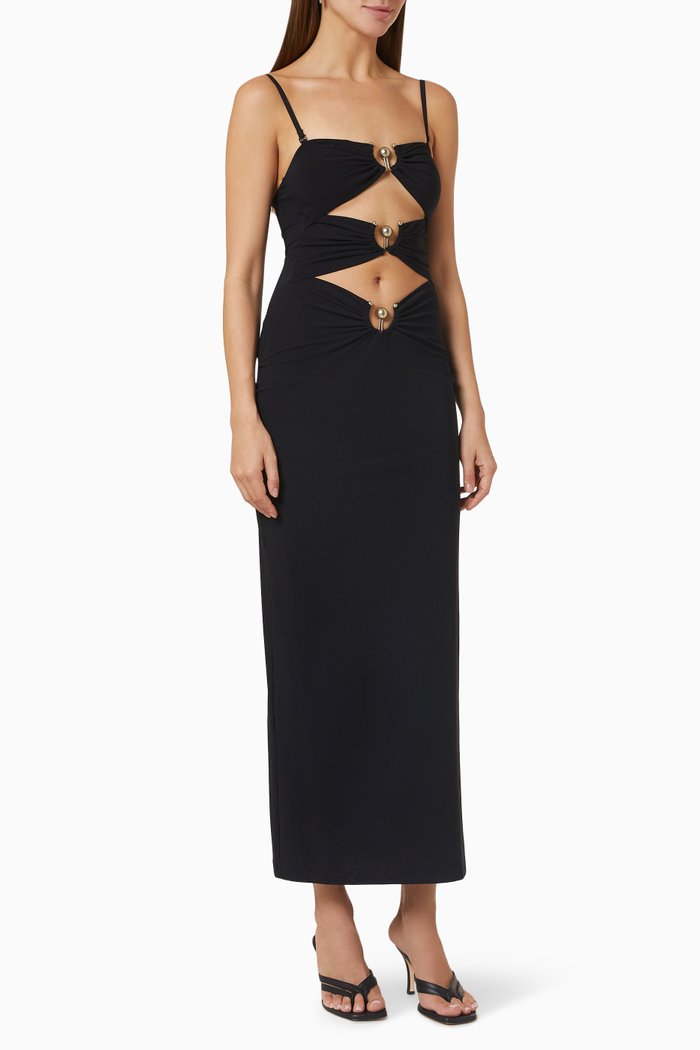 

Pierced Orbit Midi Column Dress in Lycra, Black