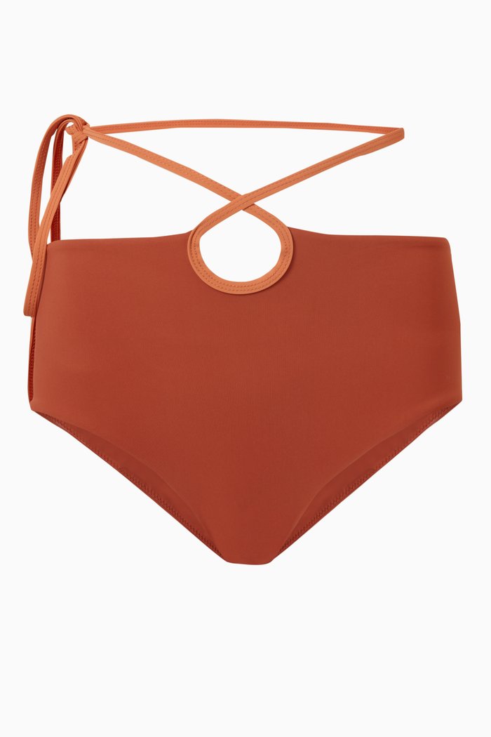 

Looped Tie High Rise Bikini Bottoms in Stretch Nylon, Brown