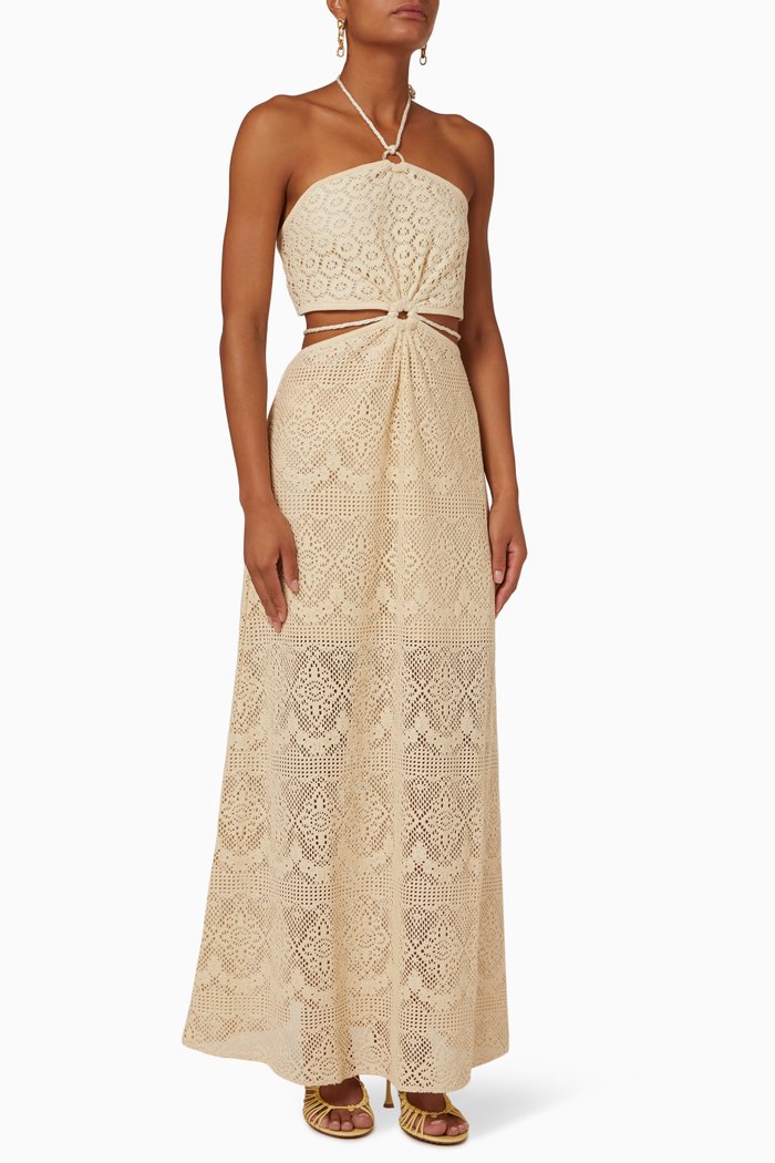 

Georgiana Halter Maxi Dress in Crochet Cotton-Blend, Neutral