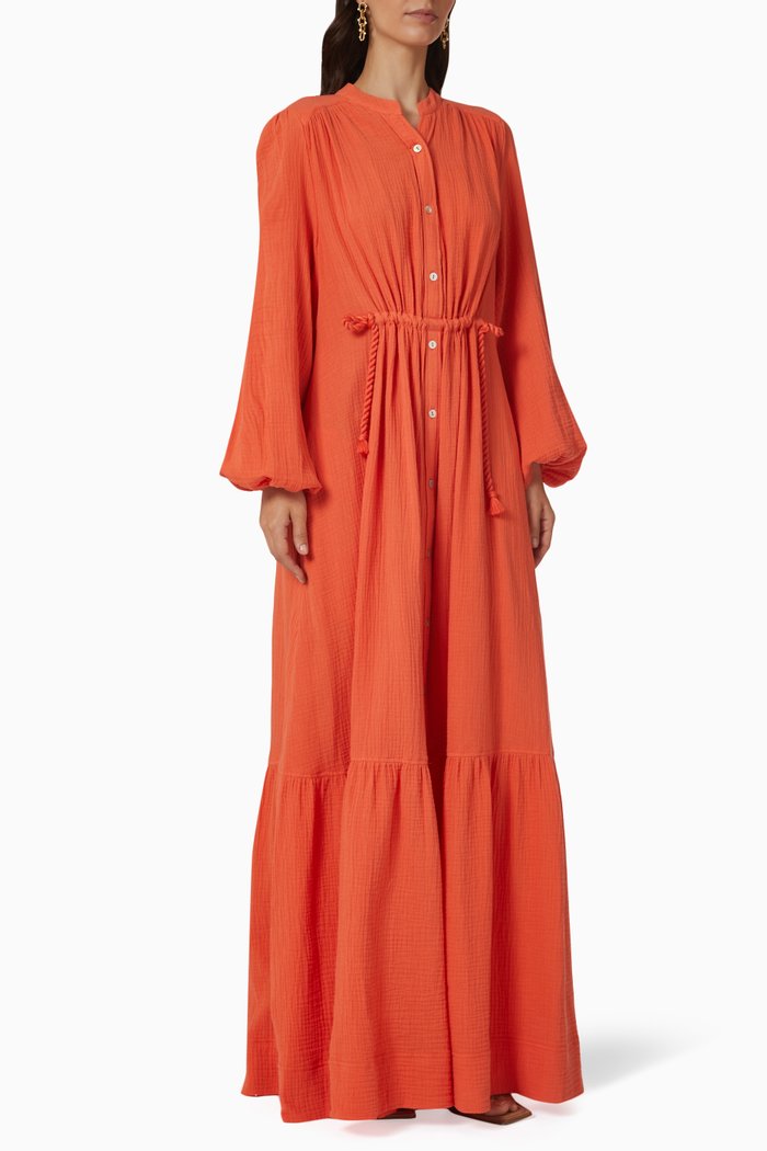 

India Drawstring Dress in Gauze, Orange