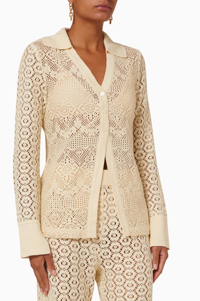 Paxton Collared Cardigan in Crochet Cotton-Blend, Neutral
