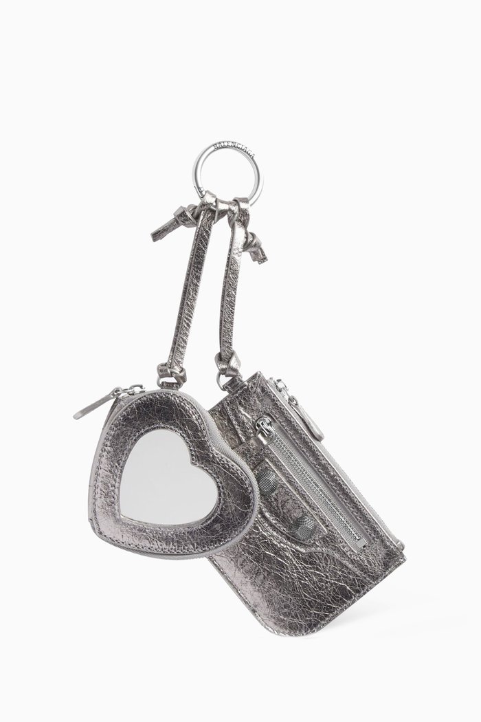 

Le Cagole Clip-on Card Holder & Mirror in Metallic Leather, Silver