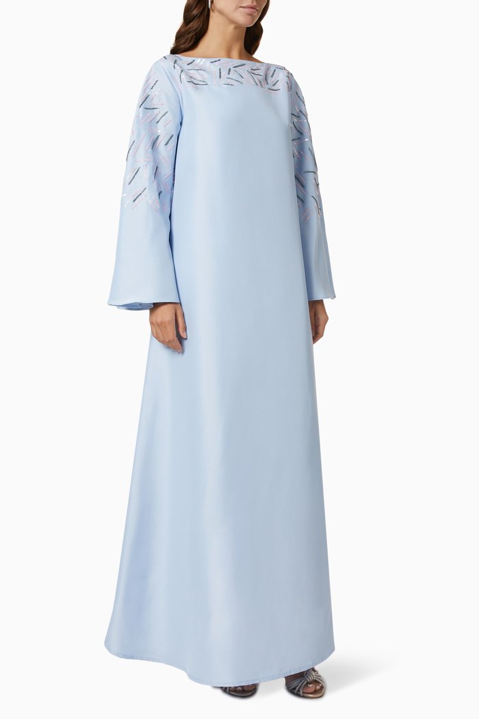 

Embellished Flared Dress in Satin, Blue