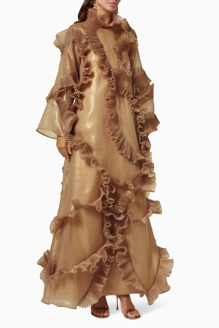 

Pleated Ruffle Dress in Shiny Organza, Metallic