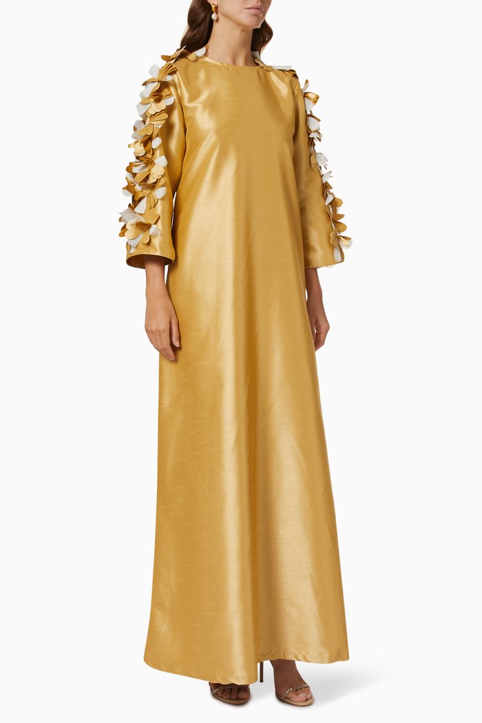 

Embellished Floral Sleeve Dress in Indian Silk, Yellow