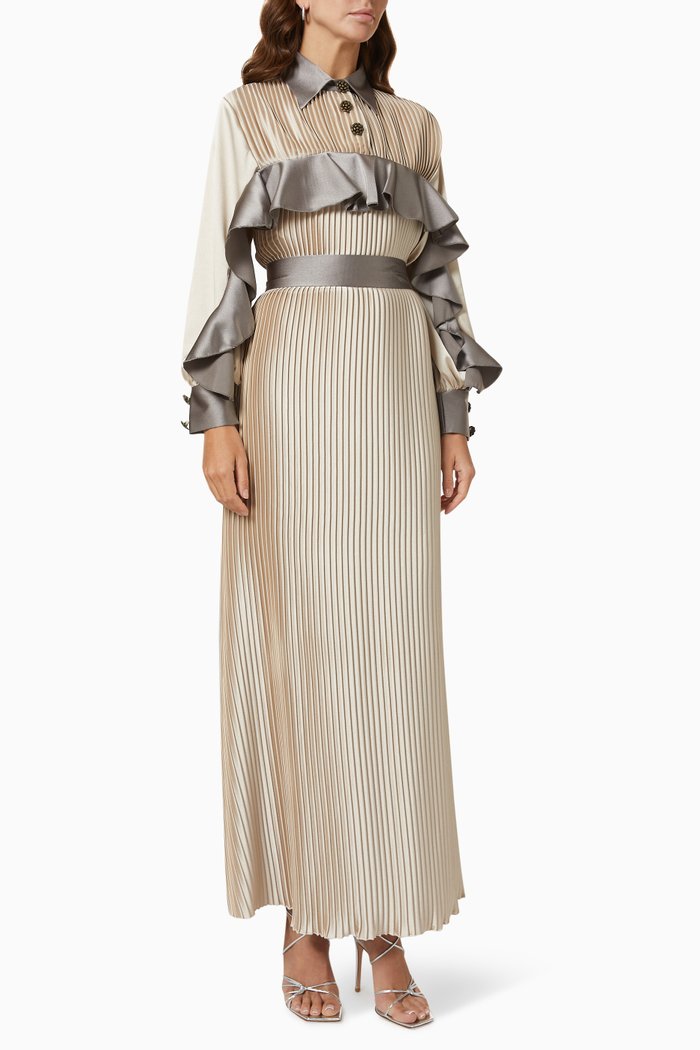 

Belted Colourblock Dress in Pleated Silk Crepe, Grey
