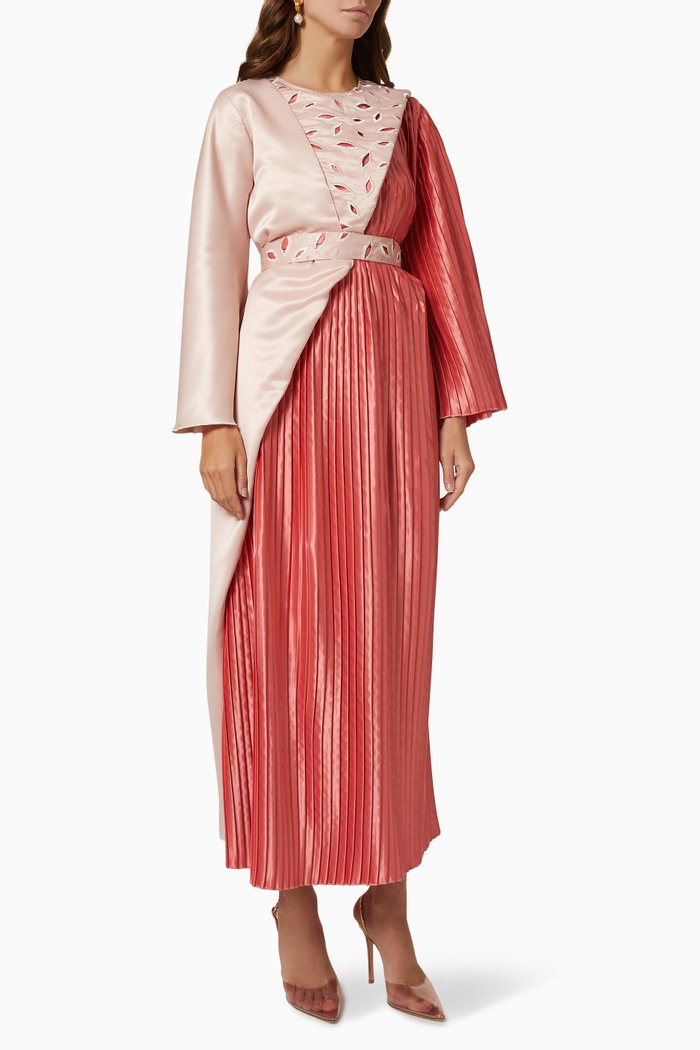 

Belted Half Pleated Colourblock Dress in Satin, Pink