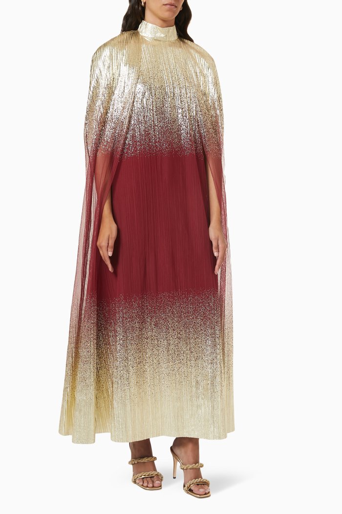 

Pleated Metallic Full Cape and Dress Set, Burgundy