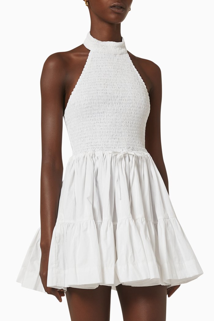 

Shirred Halterneck Mini Dress in Sustainable Cotton, White