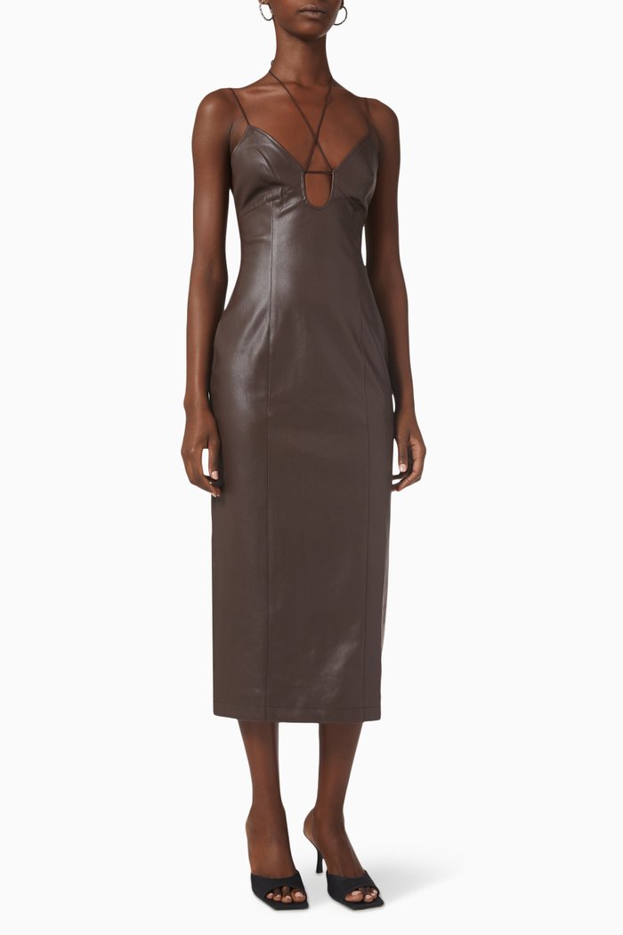 Carly Dress in Faux Leather, Brown