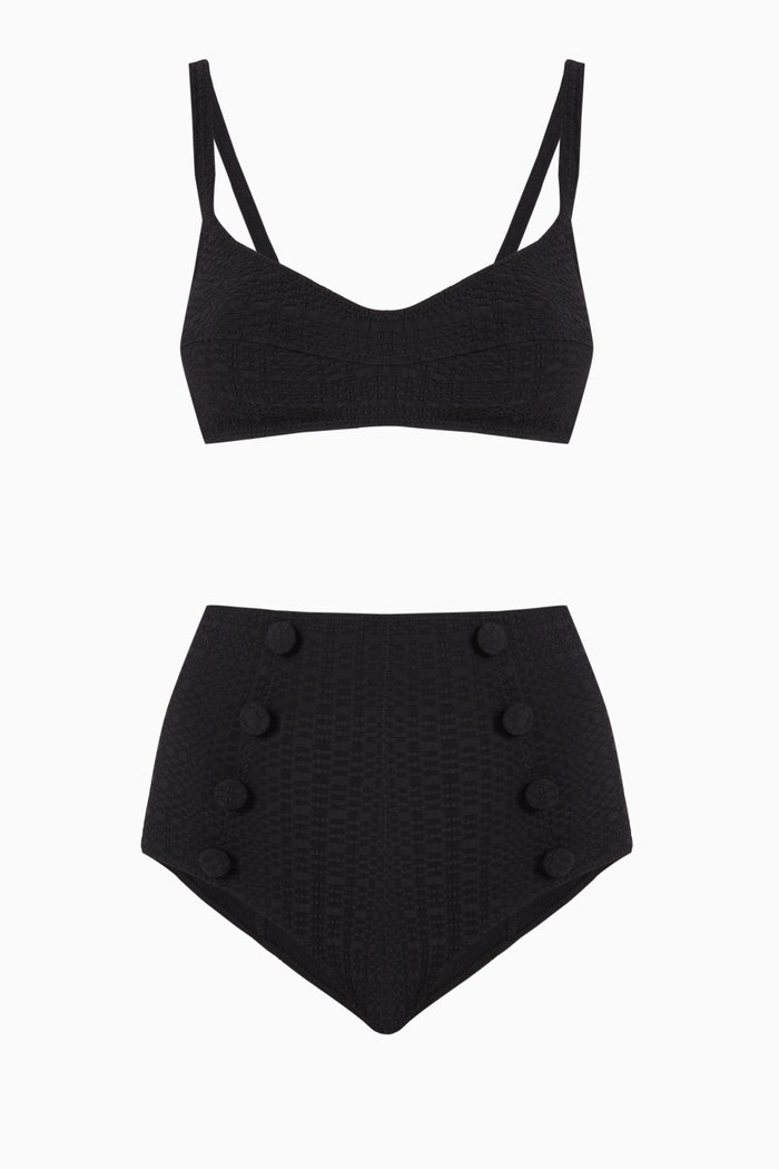 

Balconette High Waist Bikini Set in Stretch Seersucker, Black