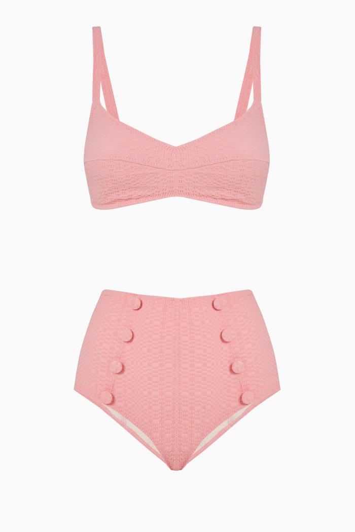 

Balconette High Waist Bikini Set in Stretch Seersucker, Pink