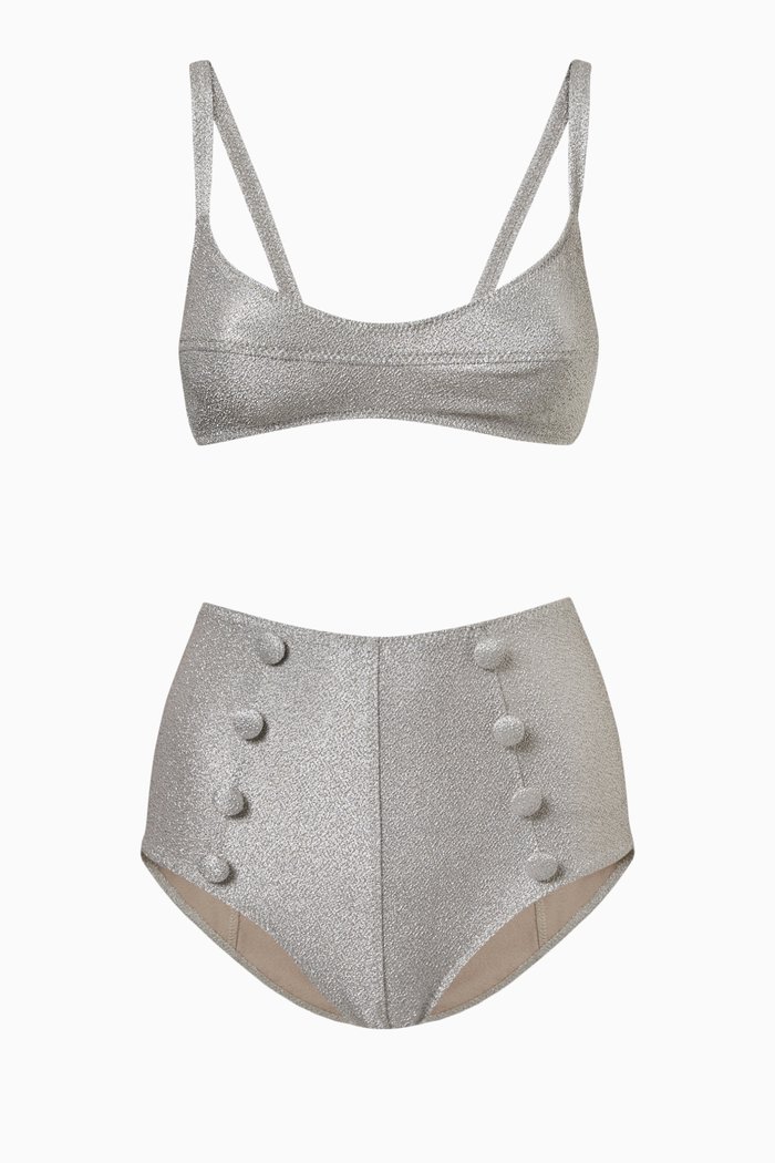 

Balconette High Waist Bikini Set in Metallic Jacquard, Silver