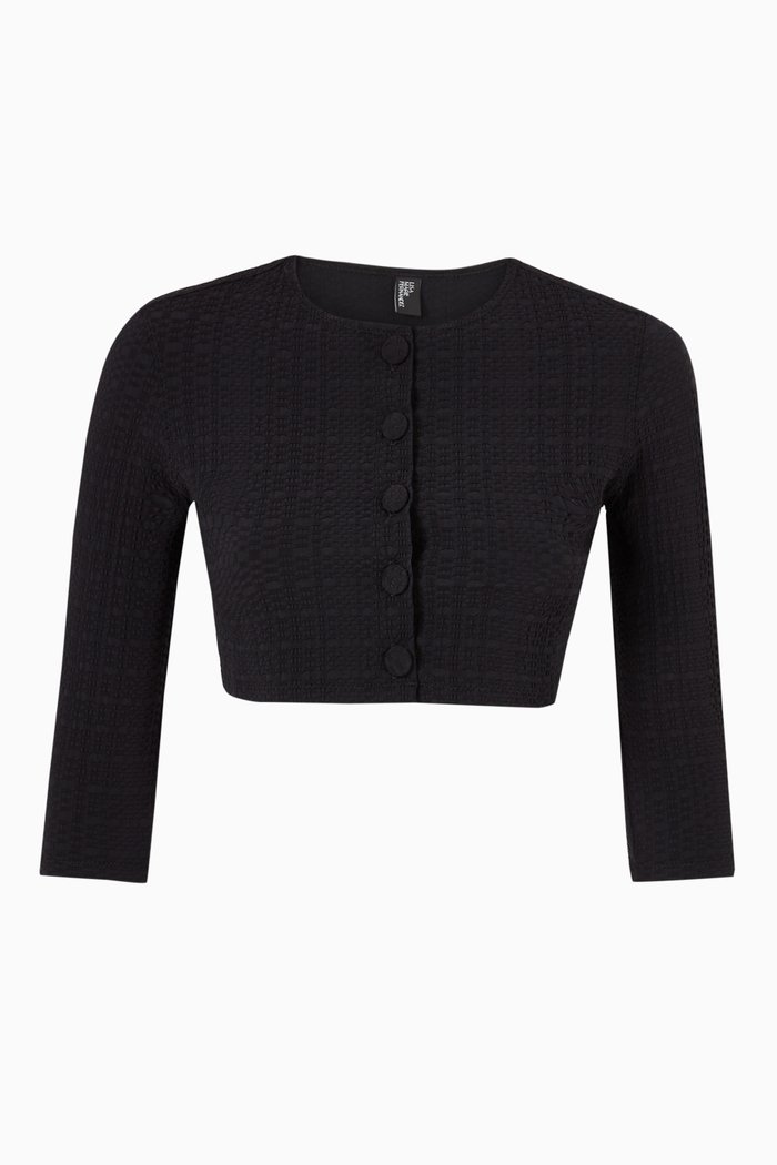

Crop Cardigan in Stretch Seersucker, Black