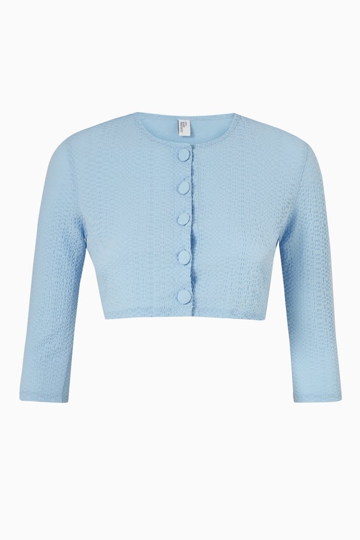 

Crop Cardigan in Stretch Seersucker, Blue