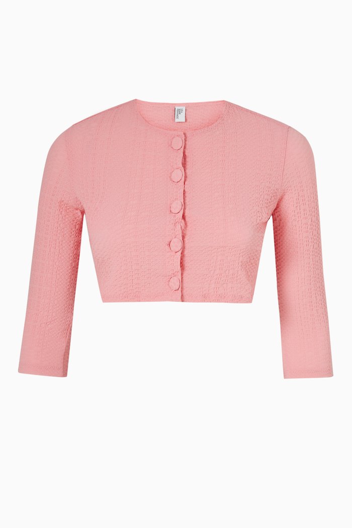 

Crop Cardigan in Stretch Seersucker, Pink