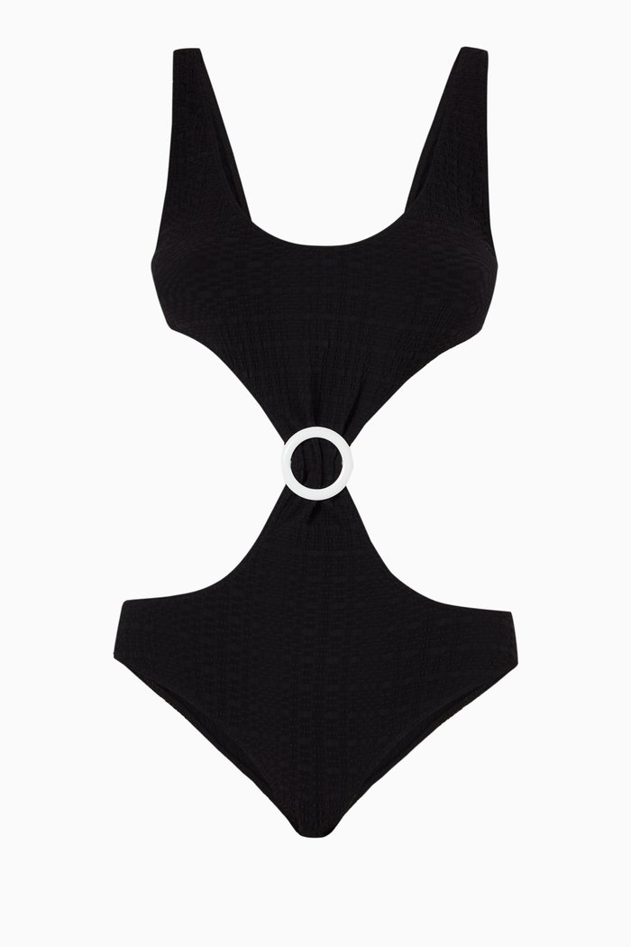 

Buckle Cut Out Swimsuit in Stretch Seersucker, Black