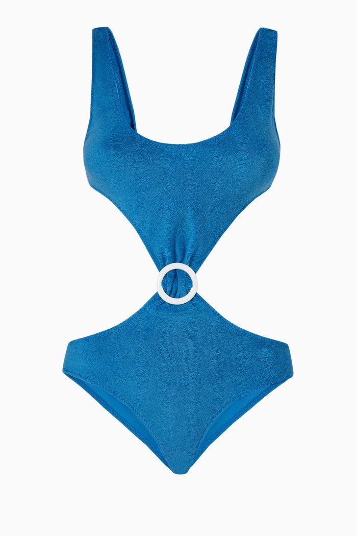 

Buckle Cut Out Swimsuit in Stretch Seersucker, Blue