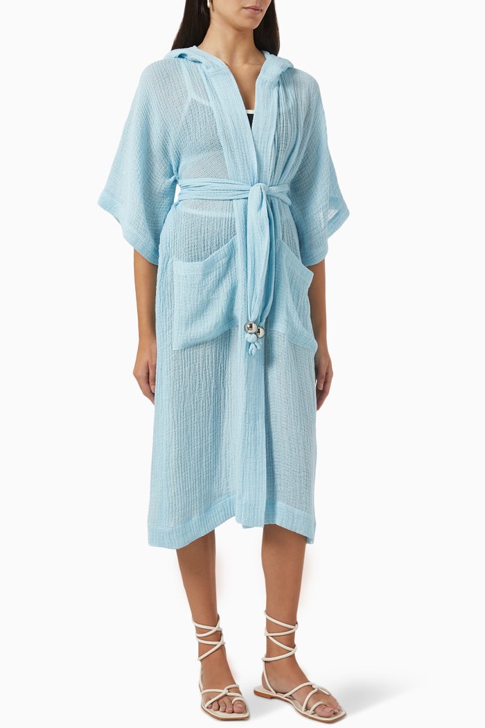 

Hooded Midi Dressing Gown in Organic Linen Gauze, Blue