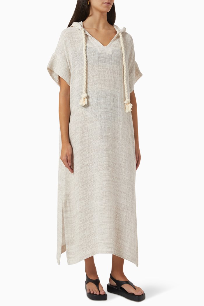 

Drawstring Hooded Kaftan in Linen Gauze, Neutral
