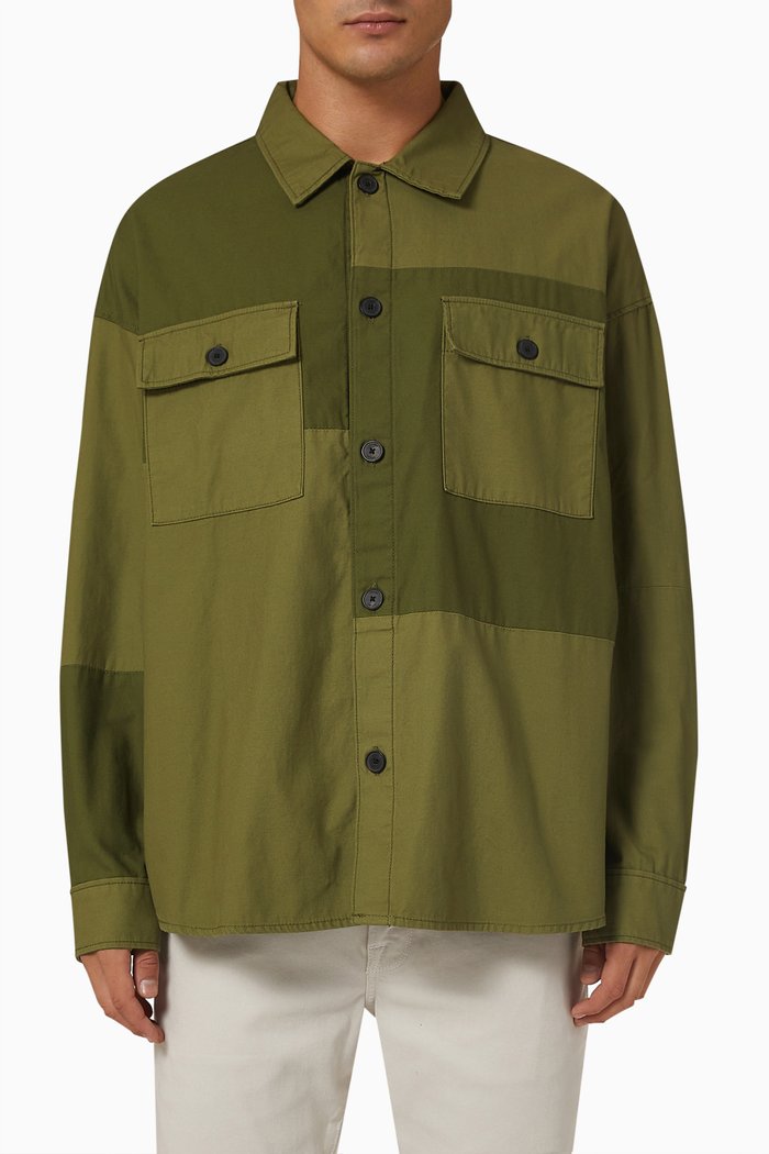 Tonal Patchwork Shirt in Cotton, Green