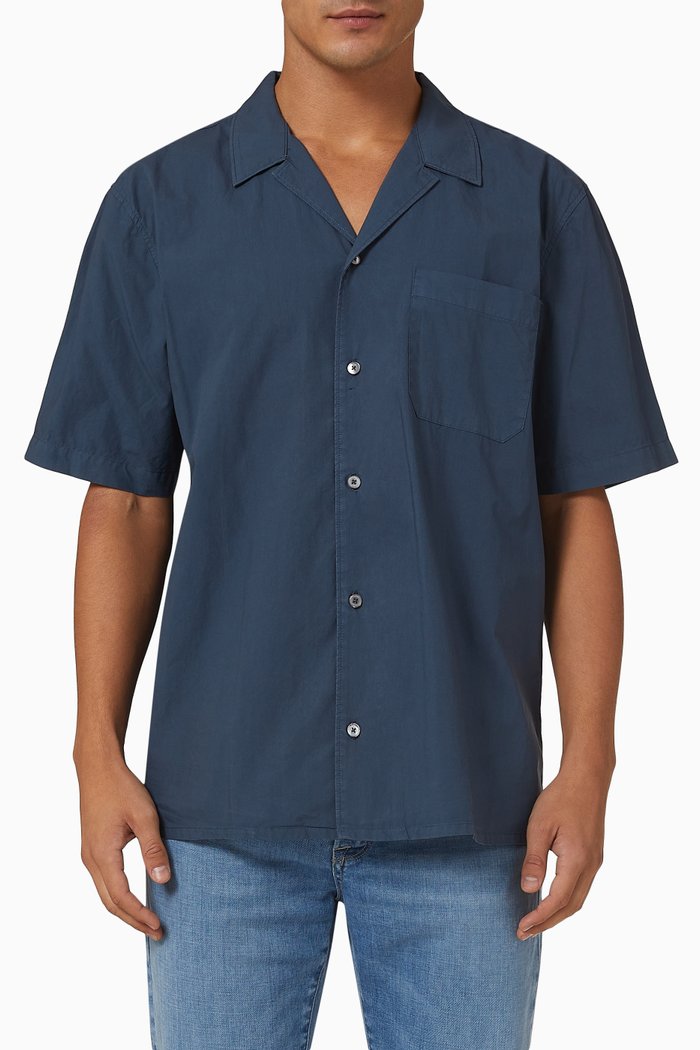 

Short Sleeve Camp Collar Shirt in Cotton, Blue