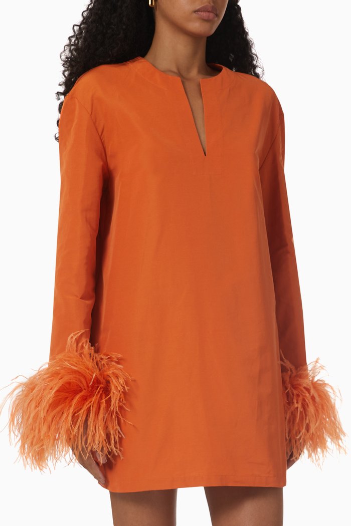 

Feather-embroidered Dress in Micro Faille, Orange