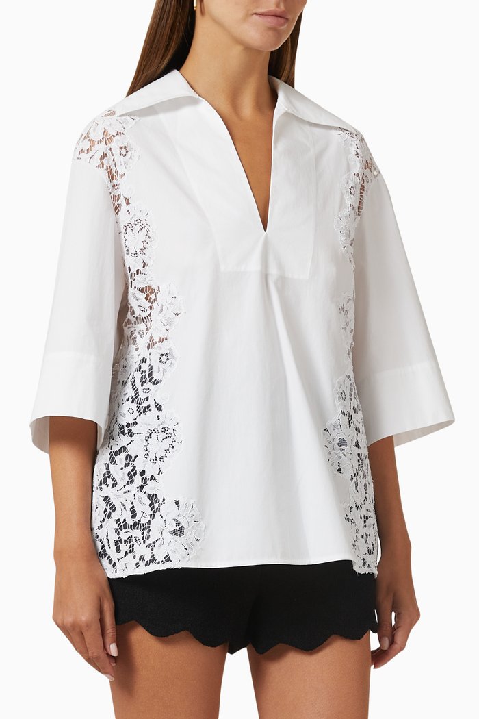 

Embroidered Lace Shirt in Cotton Poplin, White