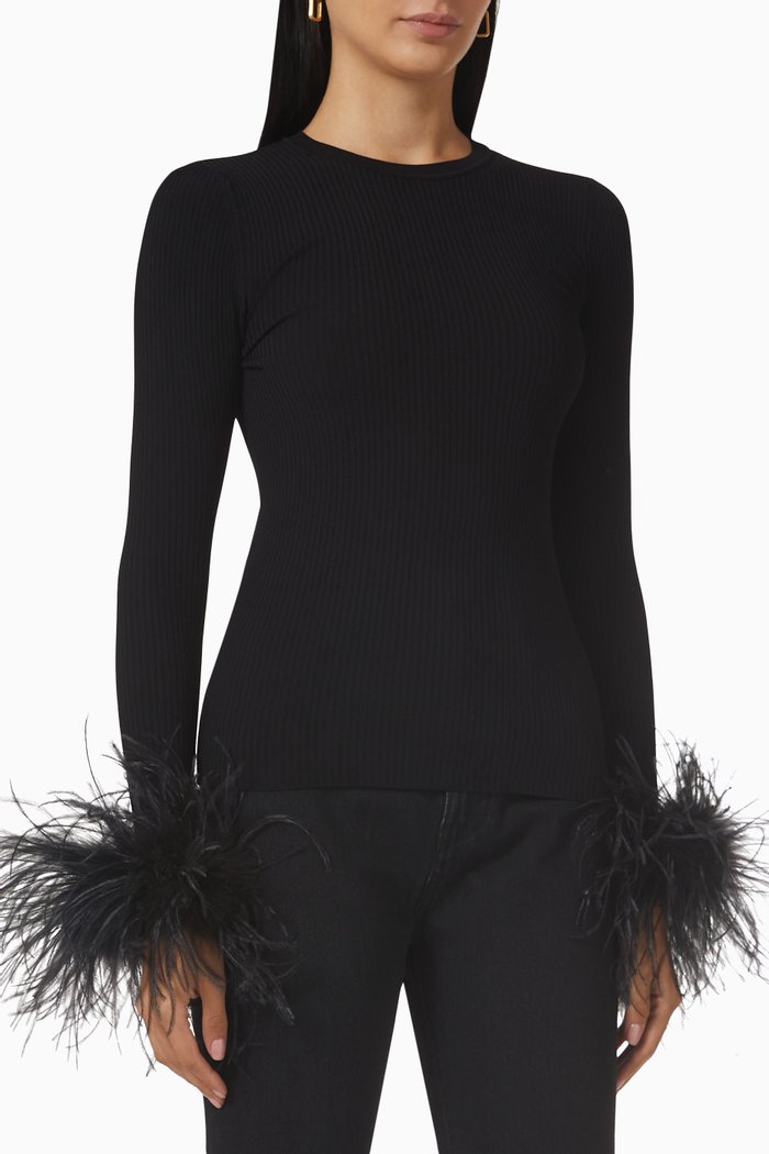 Feather-embroidered Sweater in Stretched Viscose, Black