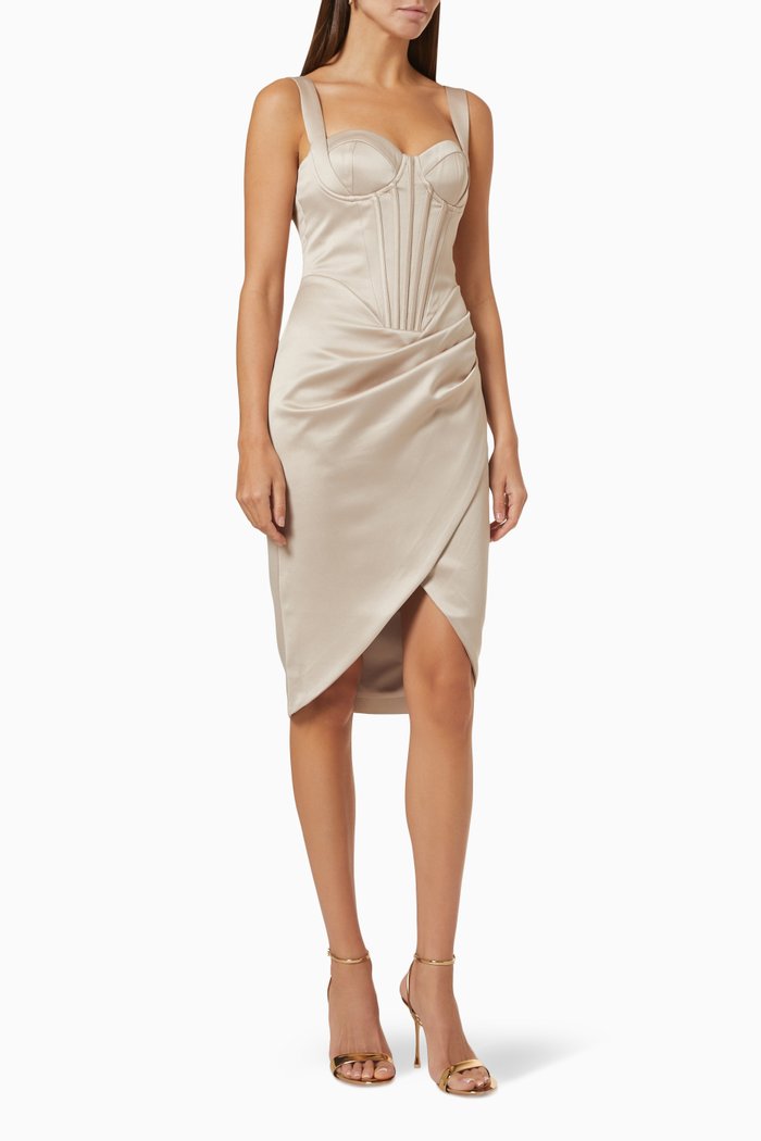 

Bonded Corset Midi Wrap Dress in Satin, Neutral
