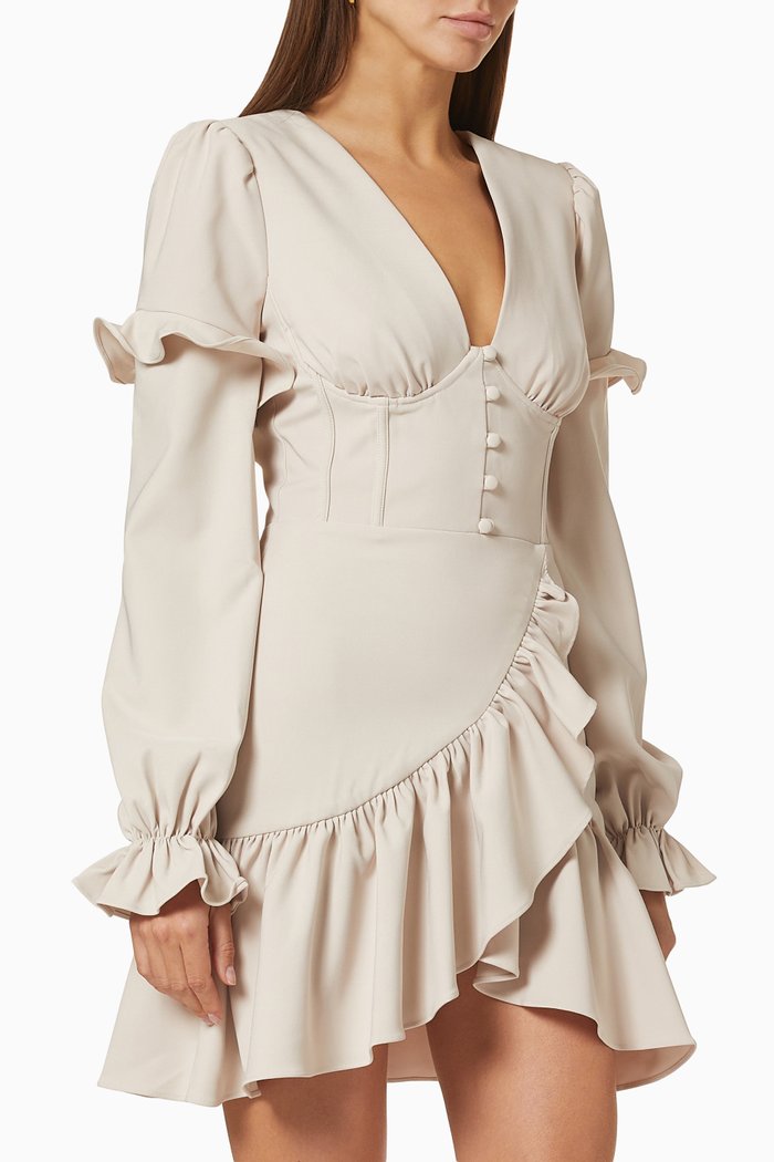 

Ruffle Balloon Sleeve Mini Wrap Dress, Neutral