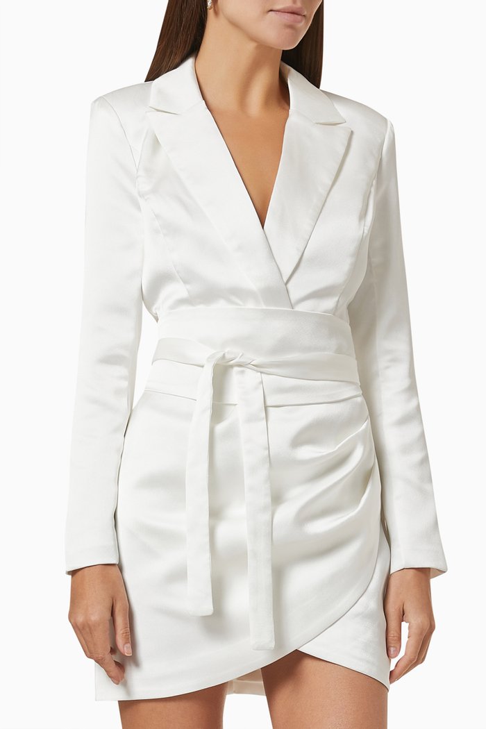 

Obi Belted Mini Blazer Dress in Satin, White