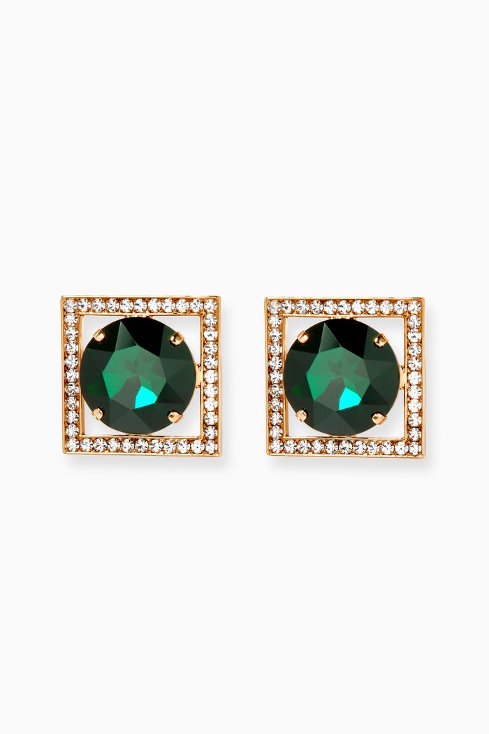 

Round Crystal Square Earrings in Brass, Green