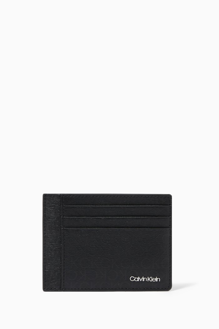 Minimalism Monogram Card Holder in Embossed Leather, Black