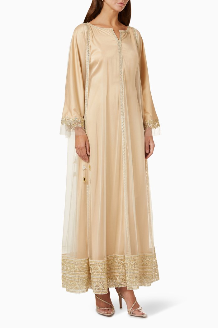 

Embroidered Trim Kaftan in Tulle & Silk, Neutral
