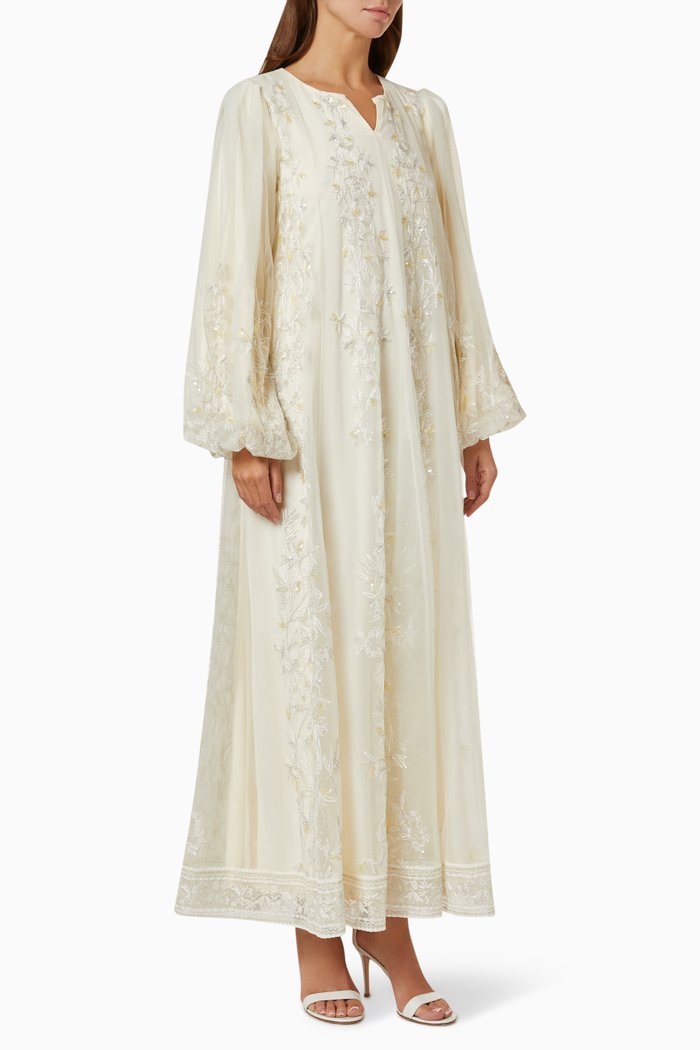 

Embellished Balloon Sleeve Kaftan in Silk & Tulle, Yellow