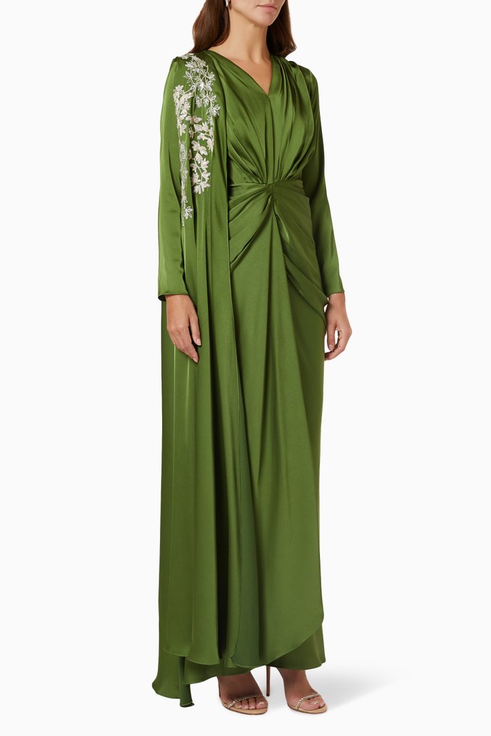 

Draped Cape Maxi Dress in Silk Satin, Green
