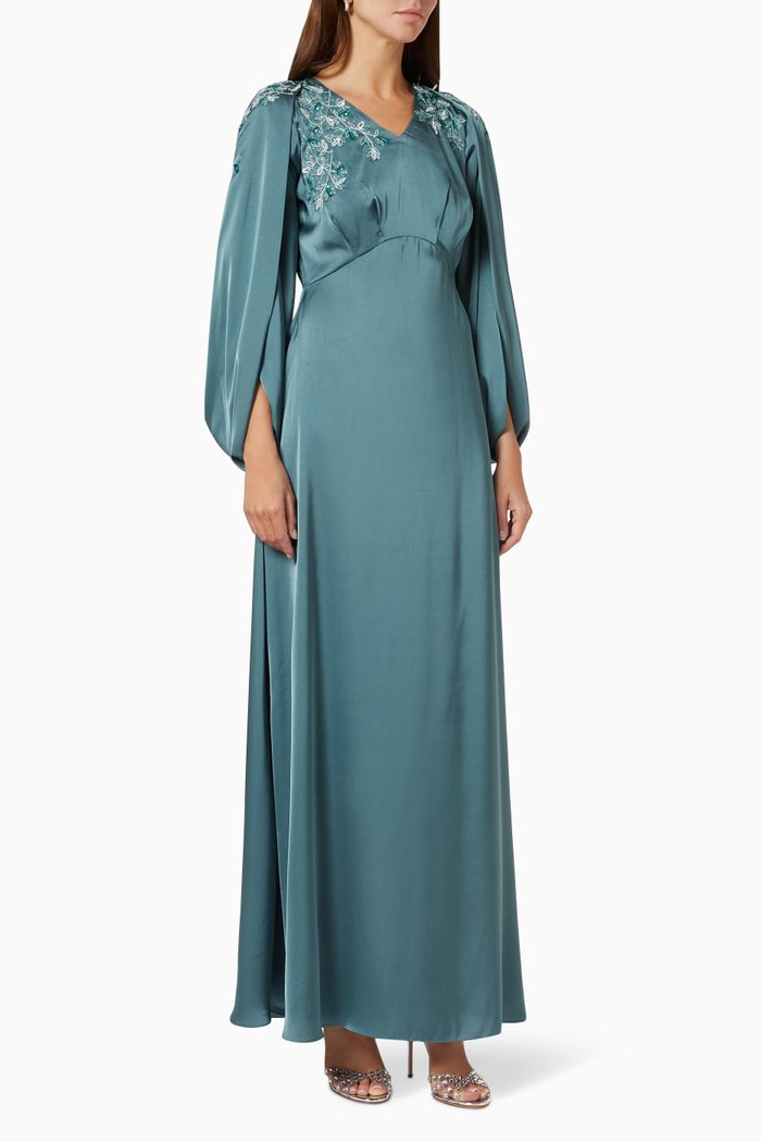 

Embellished Drape Sleeve Maxi Dress in Silk Satin, Blue