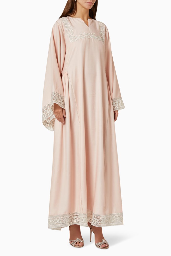 

Embroidered Side Pleated Kaftan in Organza, Pink