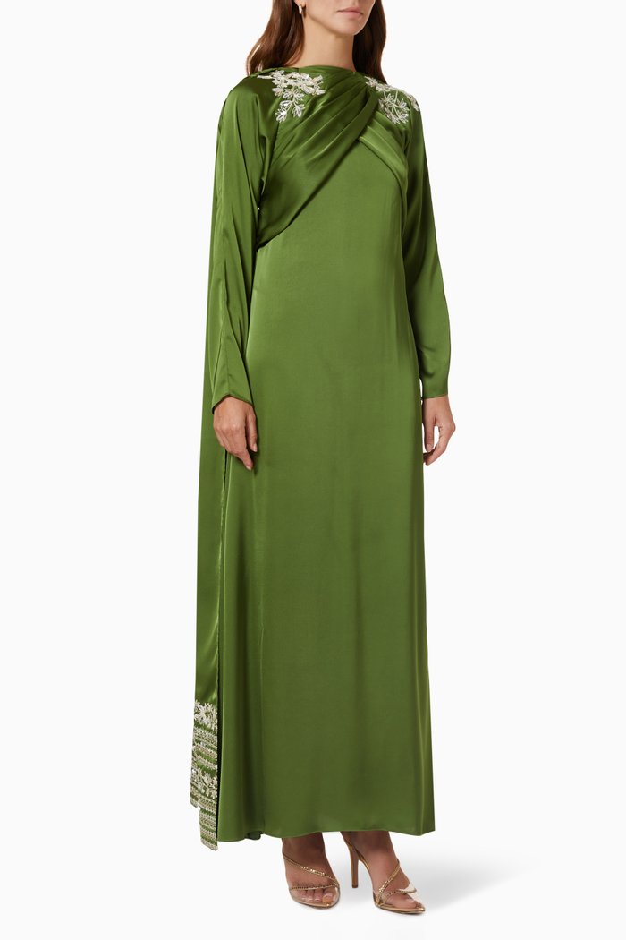 

Cross Draped Cape Maxi Dress in Silk Satin, Green