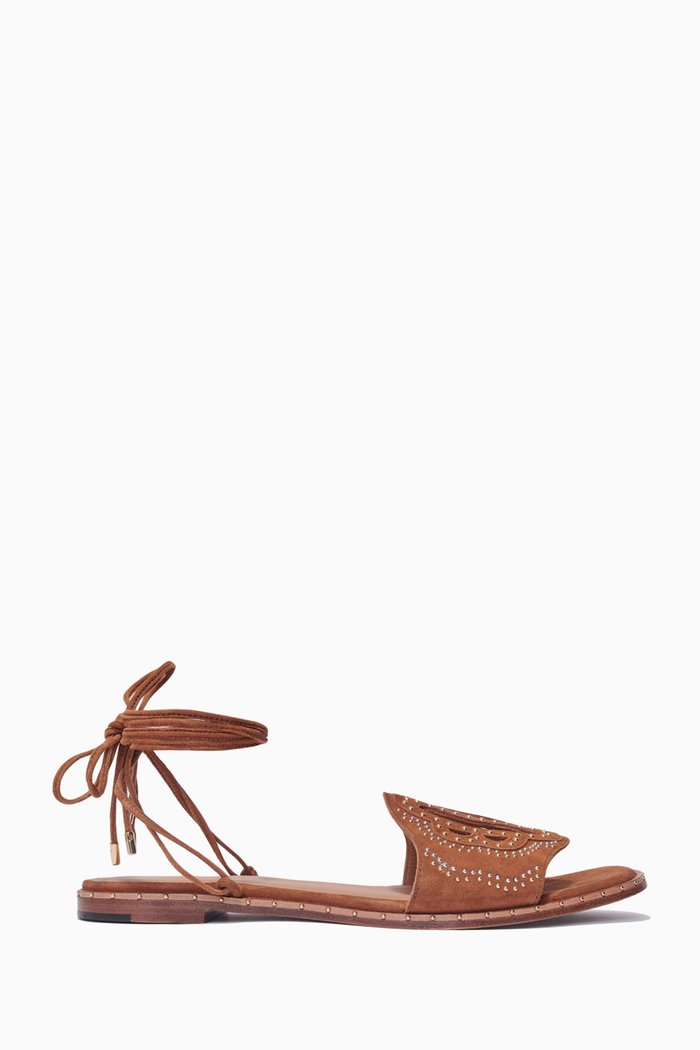 

Flat Tie Sandals in Studded Suede, Brown
