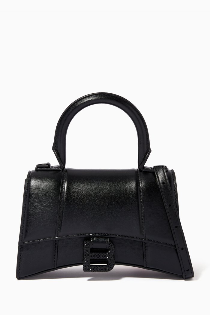 Hourglass XS Top Handle Bag in Box Calfskin, Black