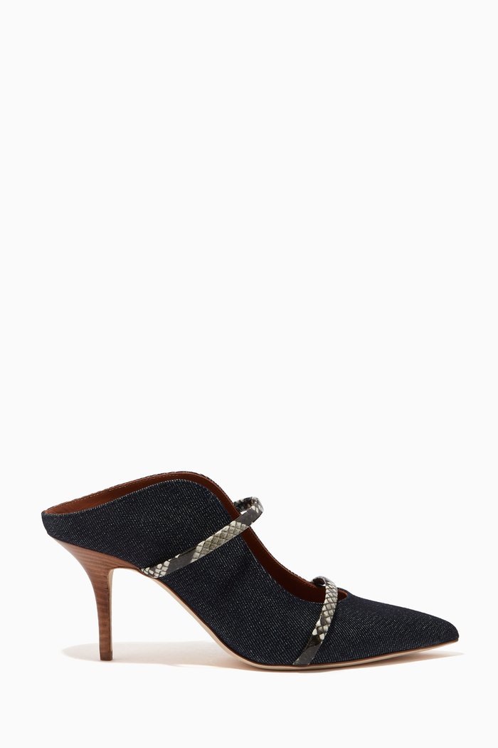 

Maureen 70 Mules in Eco Denim & Elaphe, Blue