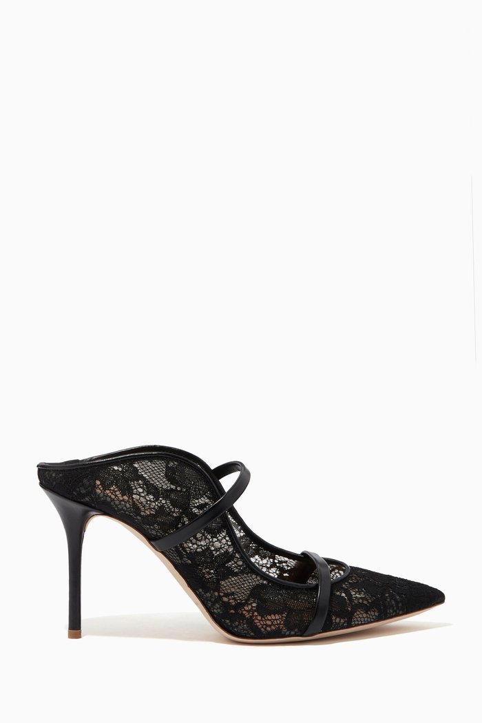 

Maureen 85 Mules in Lace Mesh & Nappa, Black