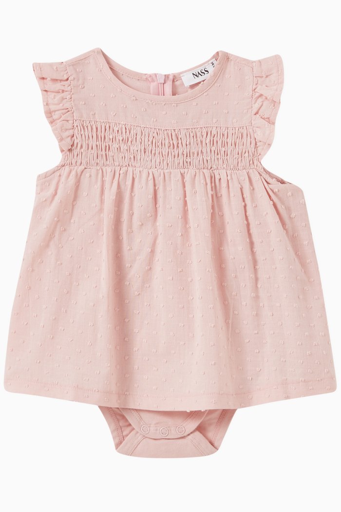 

Aya Frilled Dress in Swiss Dot Cotton, Pink