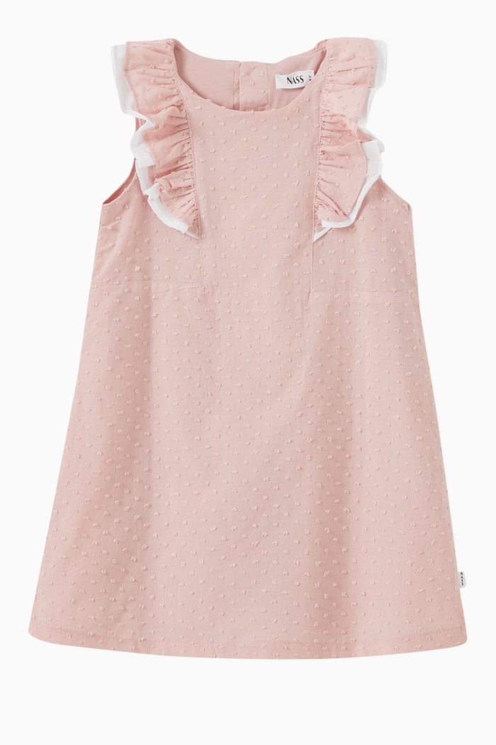 

Beatrice Frilled Dress in Swiss Dot Cotton, Pink