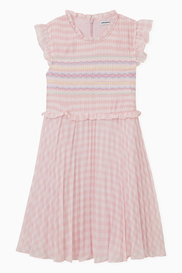 

Gingham Print Smocked Dress in Chiffon, Pink