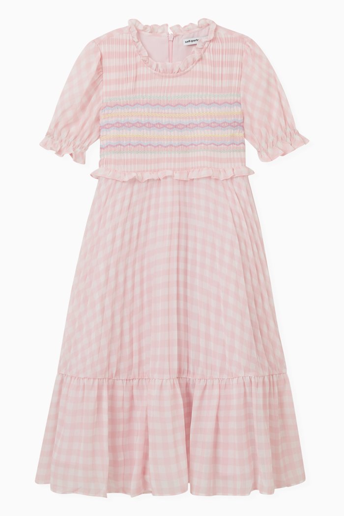 

Gingham Print Smocked Dress in Chiffon, Pink