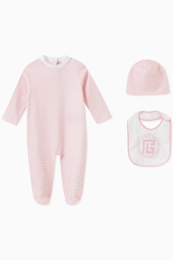 

Monogram Print Gift Set of Romper, Hat & Bib, Pink