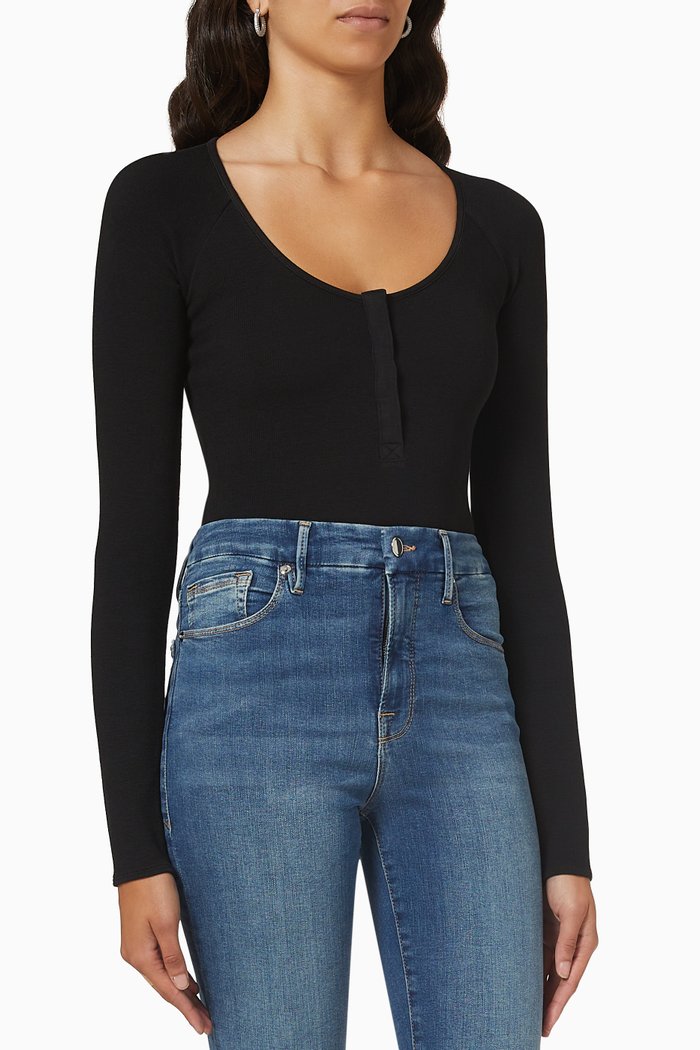 

Feel Good Long Sleeve Bodysuit in Cotton Jersey, Black